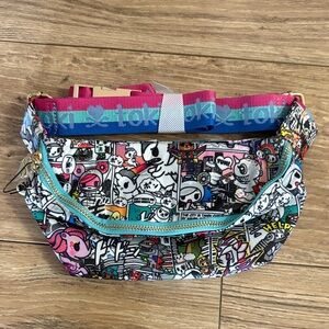 tokidoki Multicolor Comic Print Crossbody Bag with Pink & Blue Strap